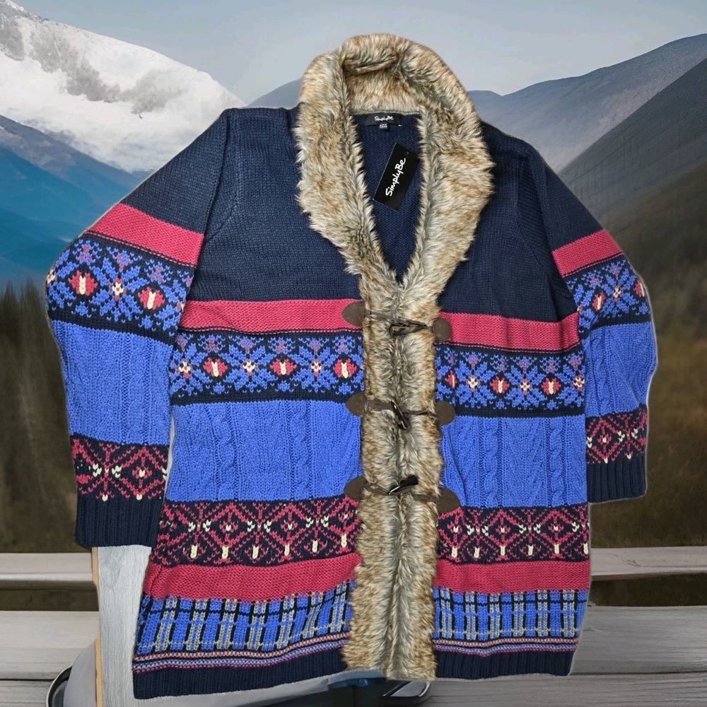 Simply Be Coat Womens 2XL 20‎ 22 Blue Acrylic Knit Faux Fur Colorful